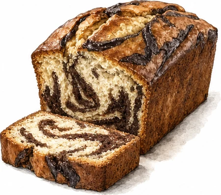 Illustration d'un cake marbré vanille et chocolat et de sa tranche