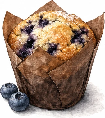 Illustration d'un muffin aux myrtilles dans son papier tulipe