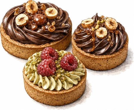 Illustration de trois cookies signatures garnis de chocolat, noisettes, pistache et framboises