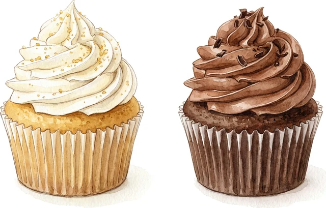 Illustration de deux cupcakes, vanille et chocolat